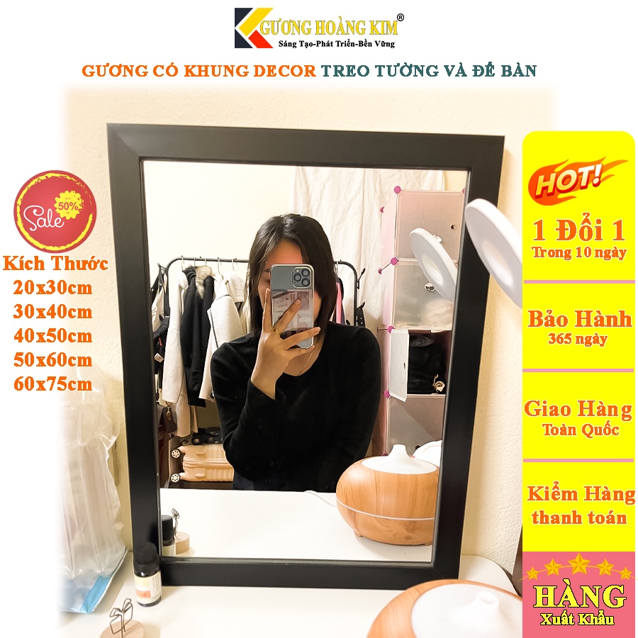 gương treo tường trang trí decor màu trắng đen vân gỗ kích thước 30x40 cm guonghoangkim mirror HK5001