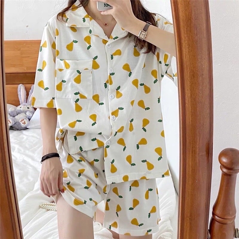 Bộ Đồ Ngủ Pijama Nữ Mặc Nhà Áo Ngắn Tay Quần Đùi Đẹp Vải Kate Thái Hoạ Tiết Cute