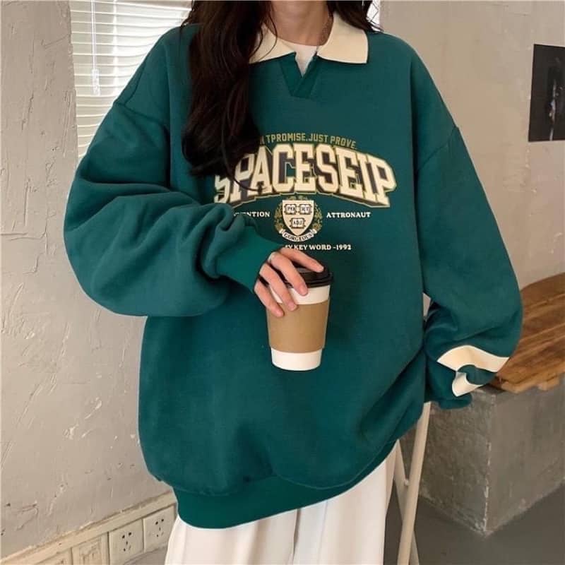 Sweater Polo Nỉ Bông Unisex SPACESHIP màu XANH form rộng ✳️ Chất nỉ form nam nữ unisex/Áo tay dài có cổ Jaystoree2