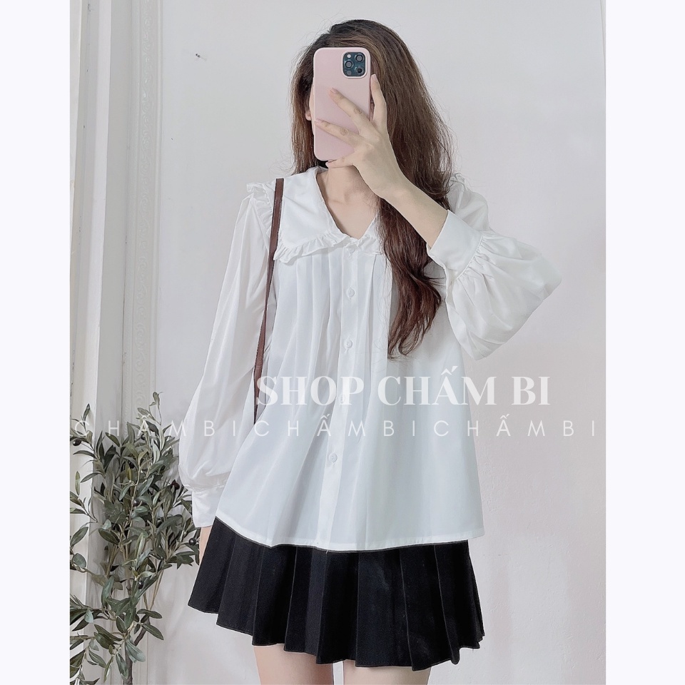 Áo Babydoll Dáng Xòe Xếp Ly 3 Hàng Dọc Ngực Cổ Bèo Sen To Dài Tay Cài Cúc Vải Thô Lụa - A.145