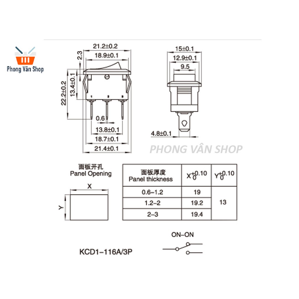 10 Công tắc bập bênh KCD1-101/3P -21*15mm- màu đỏ - 2 kênh - ON-ON