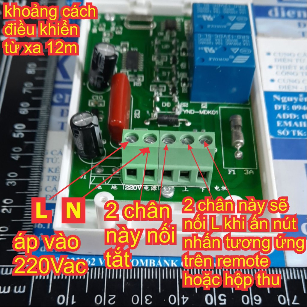 Bộ điều khiển từ xa tắt mở đèn, bật quạt…. Input 220VAC, output 2 kênh relay 10A kde6949