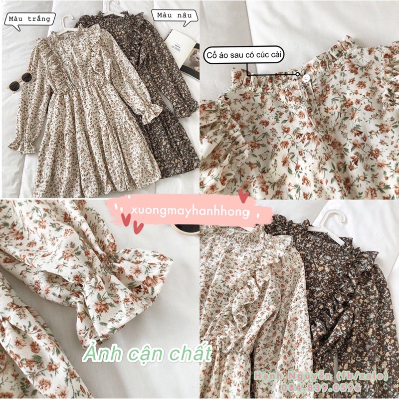 Váy hoa nhí chiffon vintage quảng châu viền bèo tiểu thư - Xưởng May Hạnh Hồng