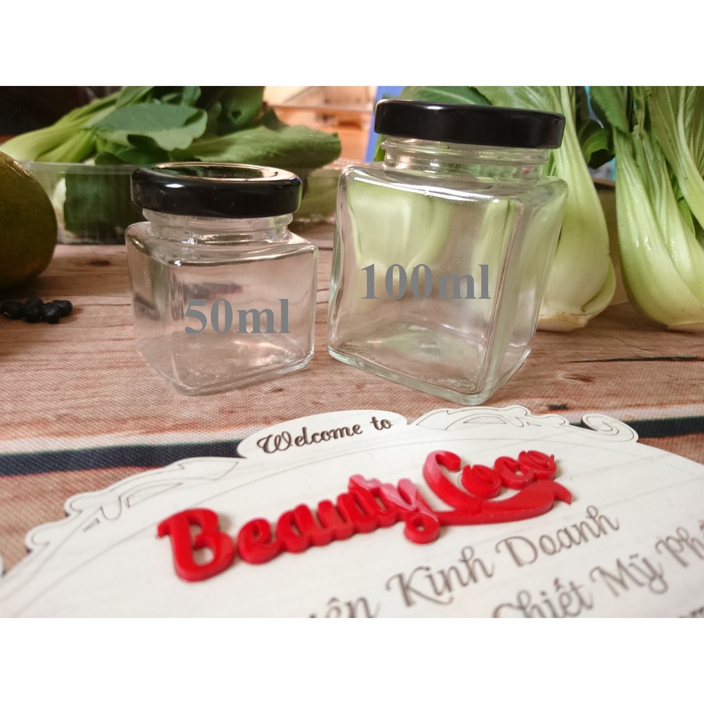 Hũ thủy tinh vuông nắp đen đựng thực phẩm 50ml | BigBuy360 - bigbuy360.vn