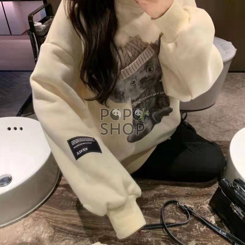 Áo Sweater Gấu Ulzzang Phong Cách Hàn Quốc Có Lót Bông Trẻ Trung