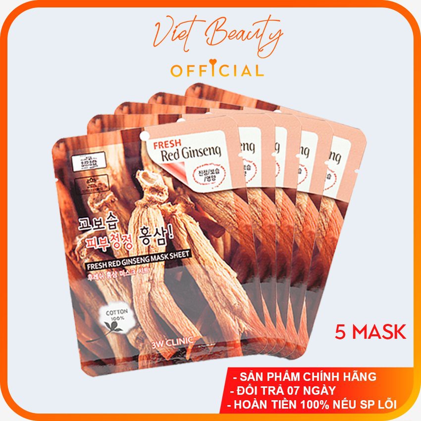 (❤️GIÁ TỐT NHẤT SHOPEE❤️) COMBO 05 Mặt nạ dưỡng da chiết xuất từ nhân sâm đỏ 3W CLINIC FRESH RED GINSENG MASK SHEET 23ml