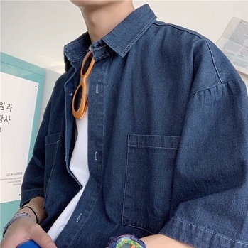 Áo sơ mi jean nam form rộng tay lỡ màu xanh đậm phong cách Hàn Quốc pon.mens