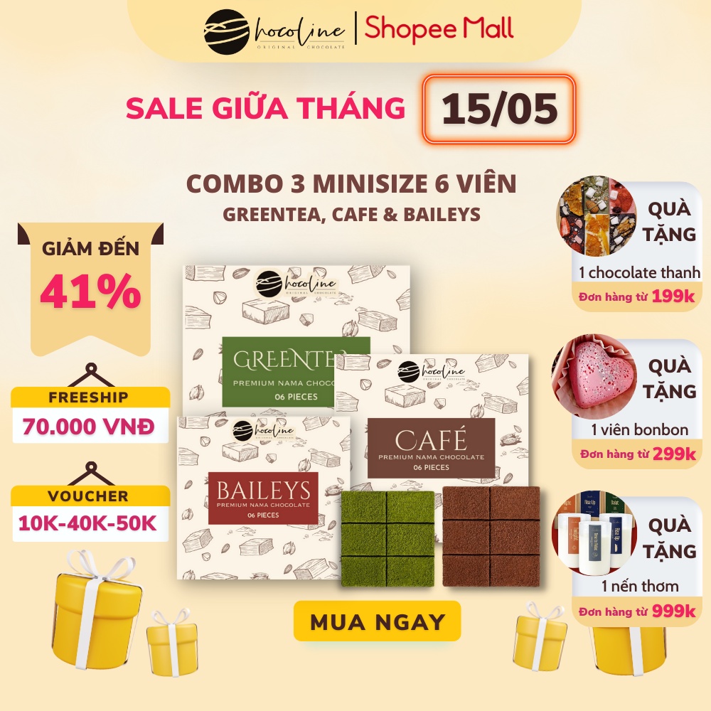 Socola Tươi Chocoline Combo 3 Hộp Mini Vị Matcha Trà Xanh, Vị Cafe, Vị Kem Sữa Baileys - Hàng Chính Hãng