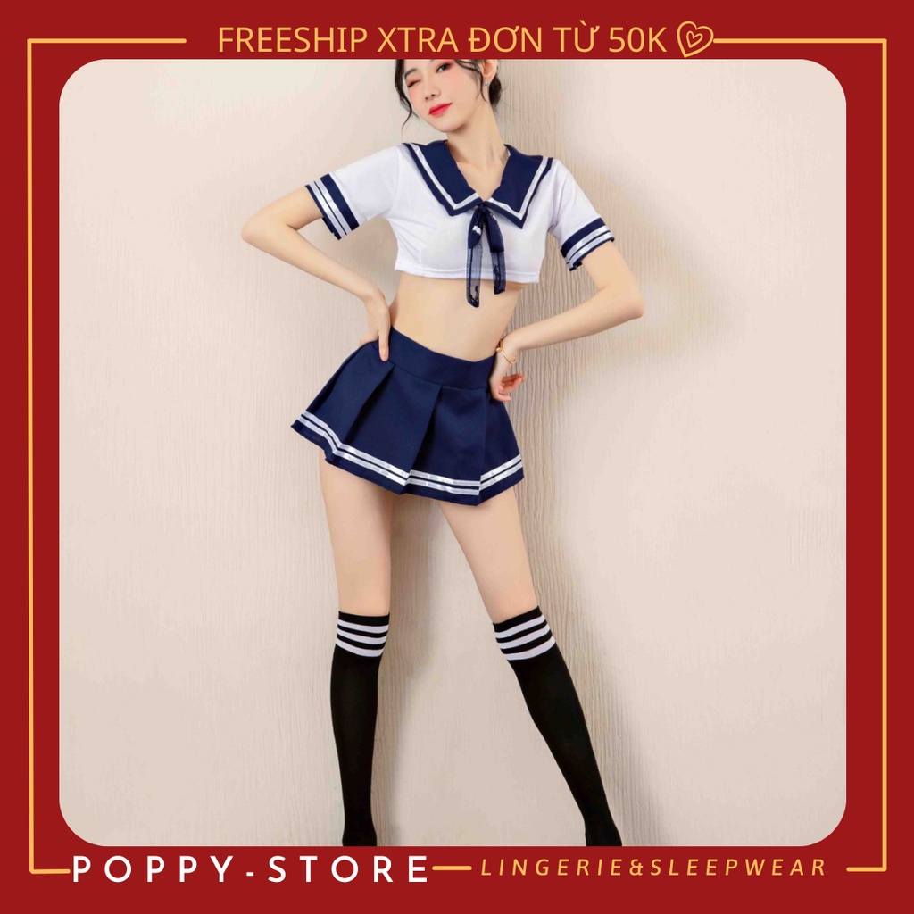 Đồ cosplay sexy gợi cảm nữ sinh nhật bản ,set đồ ngủ cosplay gồm áo croptop và váy kèm quần lọt khe với màu trắng - xanh