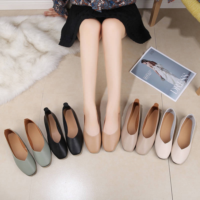 Đầu vuông Hàn Quốc bốn mùa mới Retro bà nông Hoang Dã giày phẳng của phụ nữ giày vuông phẳng với Đậu Hà Lan