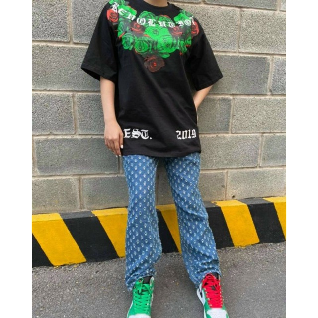 Áo thun in hoa hồng xanh, áo phông tay lỡ, áo form rộng unisex | BigBuy360 - bigbuy360.vn