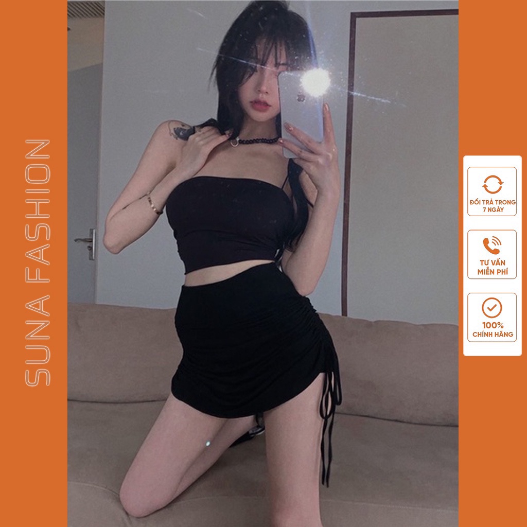 Set áo 2 dây kèm chân váy rút chất đẹp phong cách SUNA FASHION