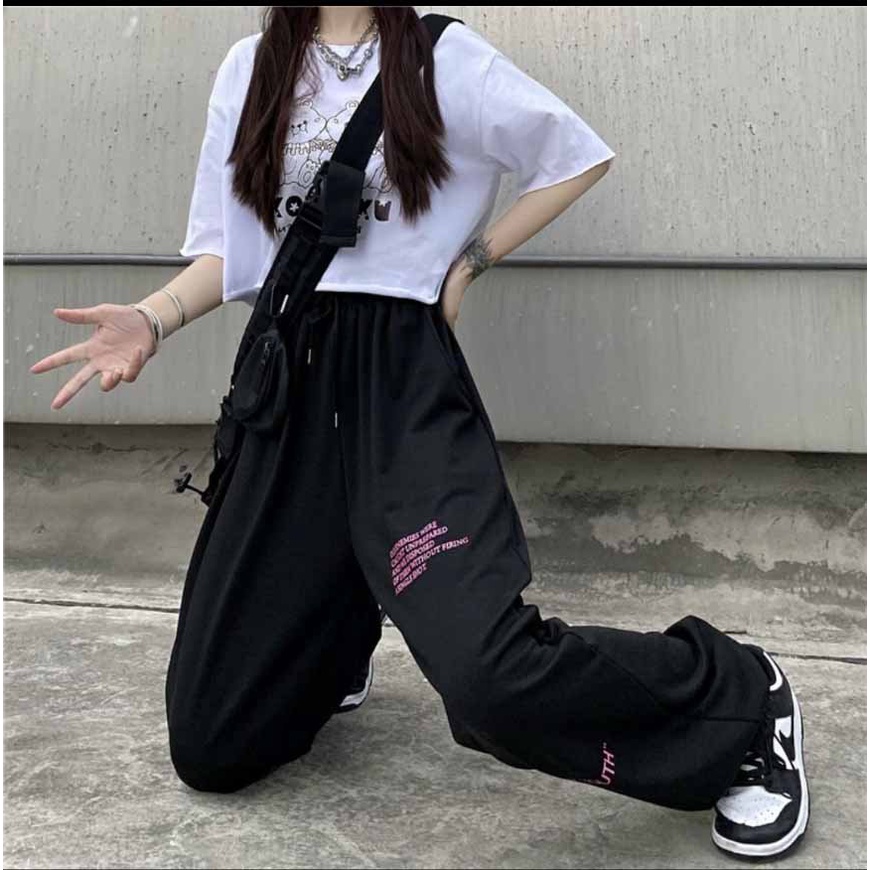 Quần jogger nam nữ ống rộng BÓ CHUN basic unisex họa tiết chữ tím hót mới giá rẻ