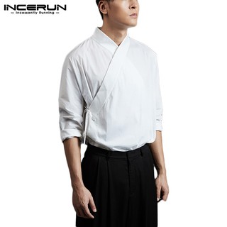 INCERUN Áo Thun Tay Dài Cổ Chữ V Cột Dây Dáng Rộng Thời Trang Cho Nam