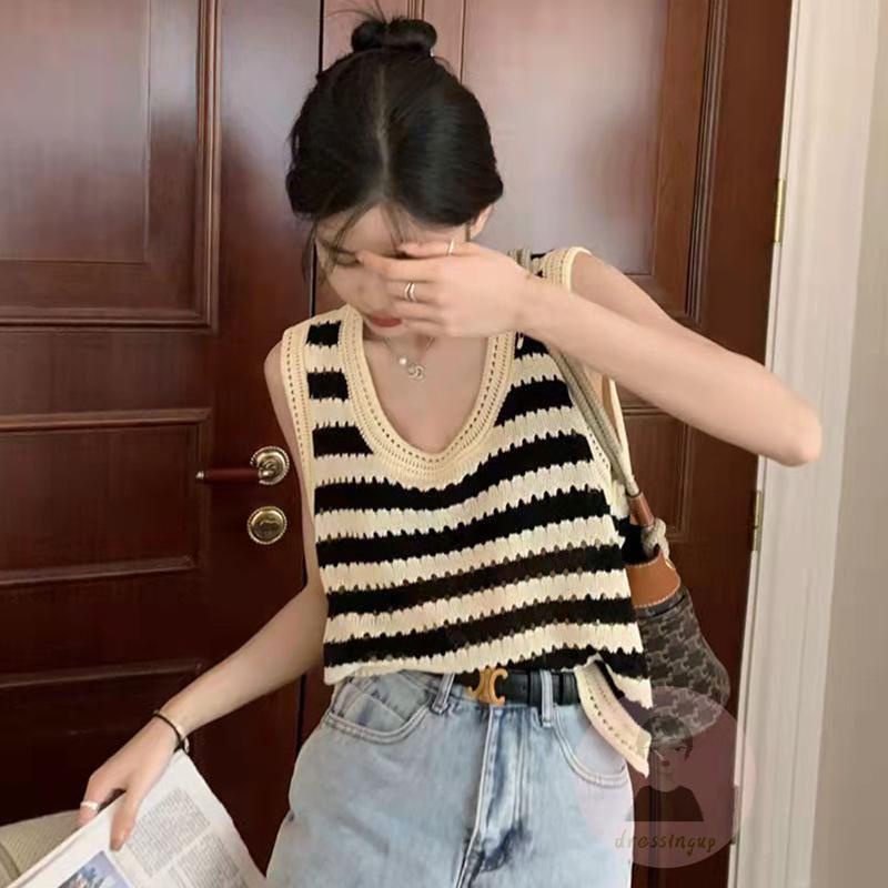 Áo Thun Ba Lỗ Không Tay Họa Tiết Sọc Màu Sắc Tương Phản Dành Cho Nữ