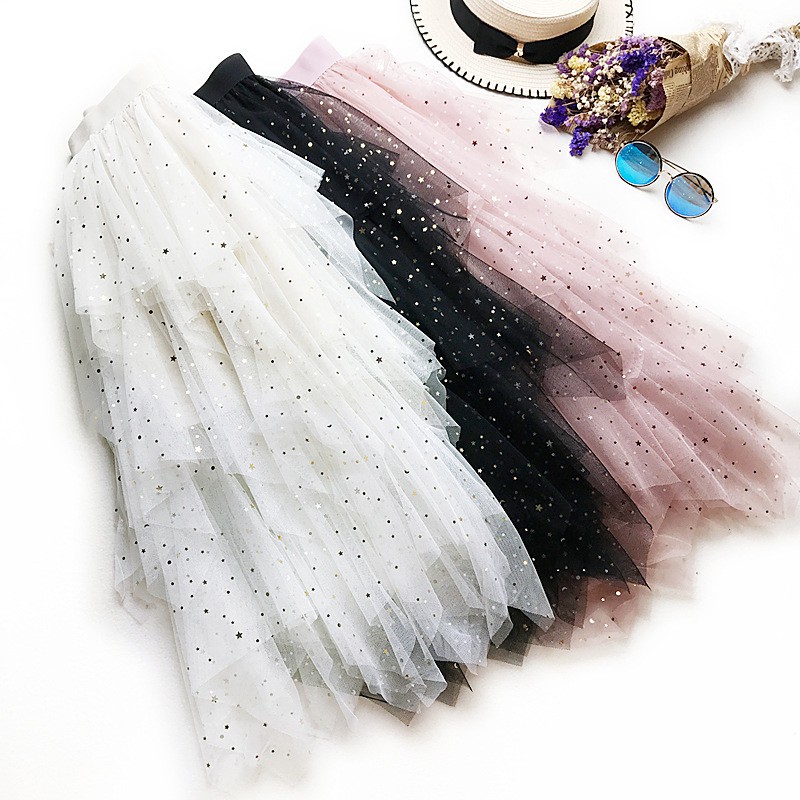 Chân váy xòe tulle dài maxi dáng nhọn ren sao BERI 113-115