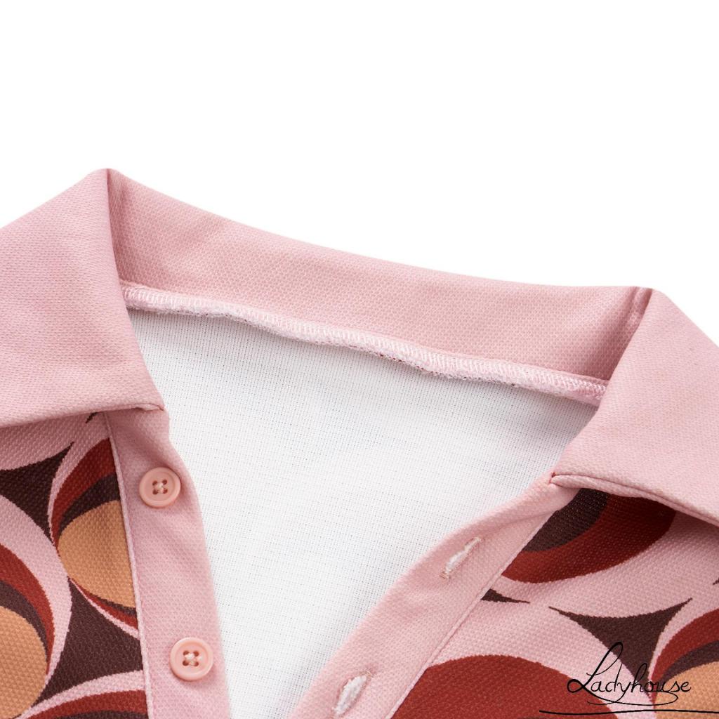 Ldd- Bộ Áo Liền Quần Dệt Kim Tay Ngắn Cổ Chữ V Cài Nút Màu Hồng Họa Tiết Hoa Thời Trang Mùa Hè Dành Cho Nữ