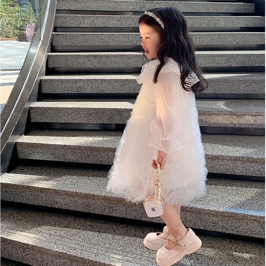 V102 - Váy voan trắng hoa nổi sz 90-140, váy điệu đà cho bé thu đông 2022