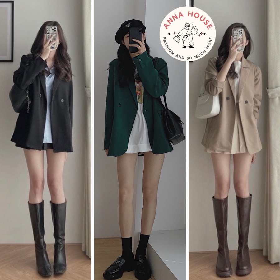 Áo blazer nữ tay dài 1 lớp oversize màu xanh đen be, Áo khoác blazer nữ dáng rộng dài tay phong cách Hàn Quốc xanh lá