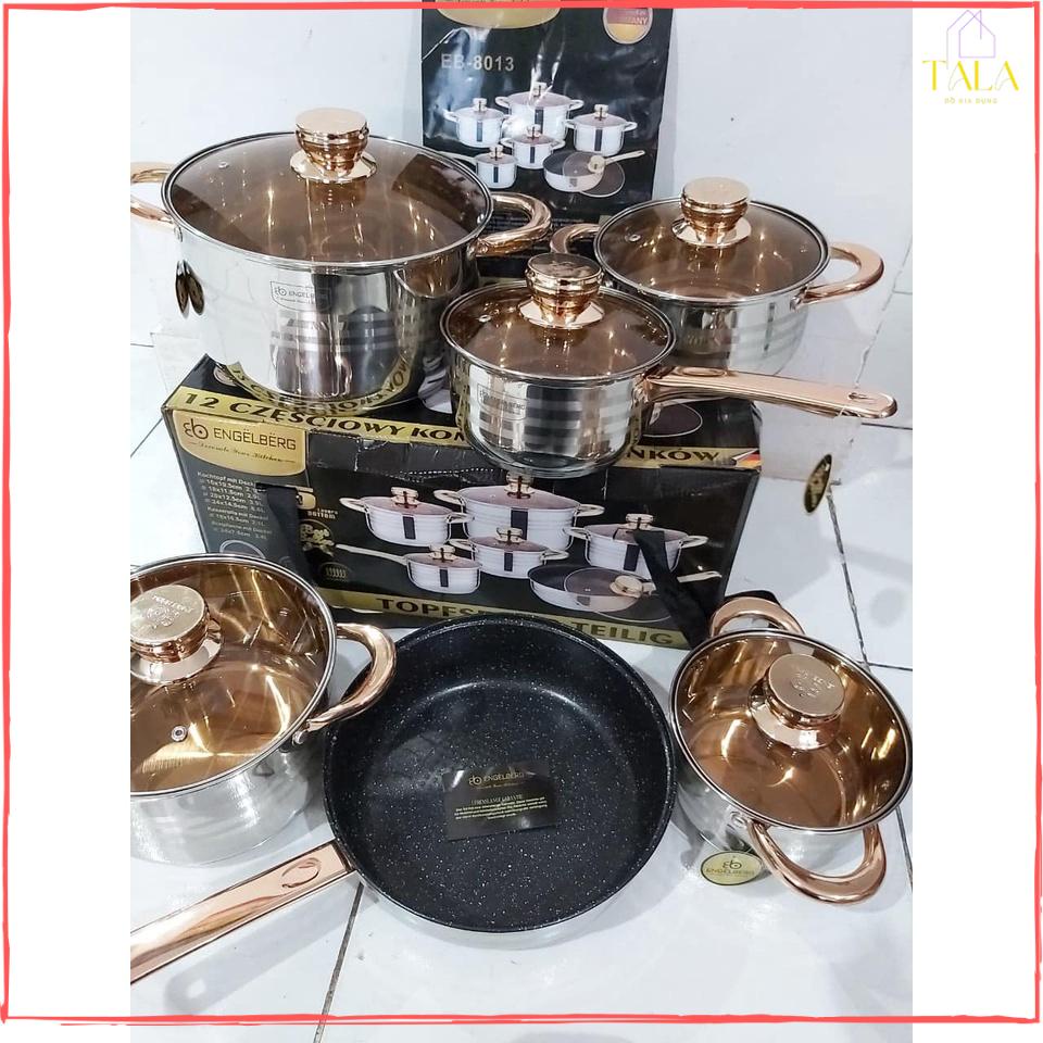 BỘ NỒI ĐỨC 6 MÓN 12 CHI TIẾT ENGELBERG- 5 ĐÁY - ĐUN ĐƯỢC TỪ, HỒNG NGOẠI, GAS..