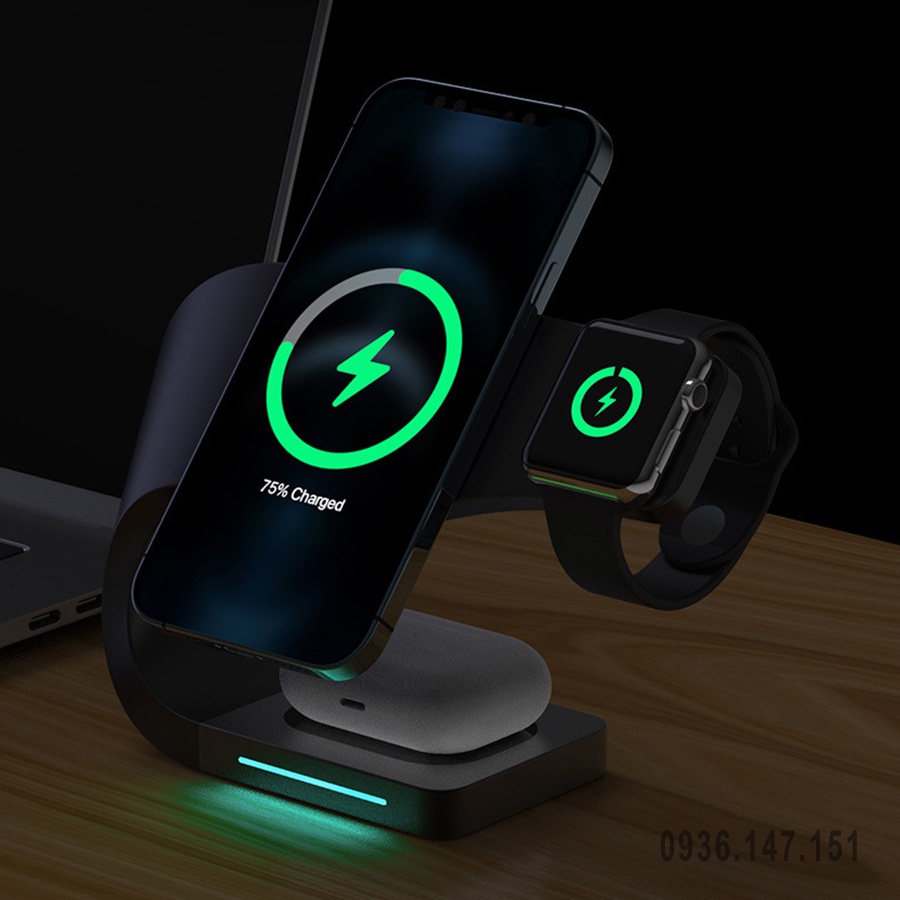 Đế sạc không dây 15W 3 trong 1 sạc nhanh cho điện thoại, tai nghe bluetooth, smart watch hỗ trợ sạc không dây