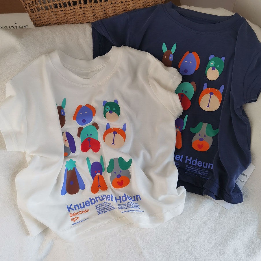 Áo Thun Cotton Ngắn Tay In Họa Tiết Hoạt Hình Phong Cách Hàn Quốc Cho Bé Trai