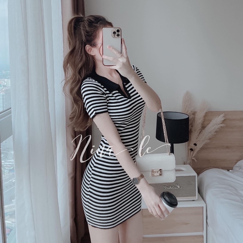 Đầm Body Sọc Cổ Bẻ Xẻ V