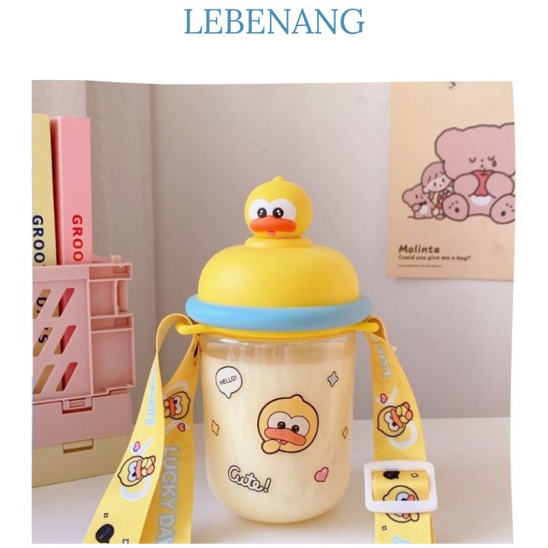 Bình nước cute nắp kín hình thú 435 ml kèm dây đeo tặng kèm LEBENANG