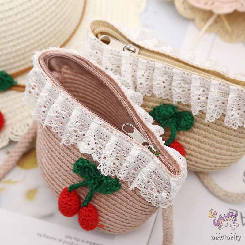 Mũ kèm túi đan rơm thiết kế đính quả cherry xinh xắn cho bé gái