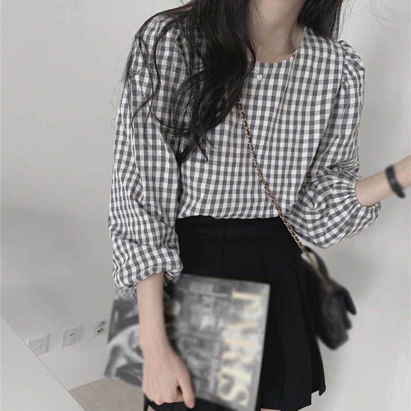 Áo Sơ Mi Nữ Áo Nữ Tay Dài Cổ Tròn Họa Tiết Caro Thời Trang Quyến Rũ