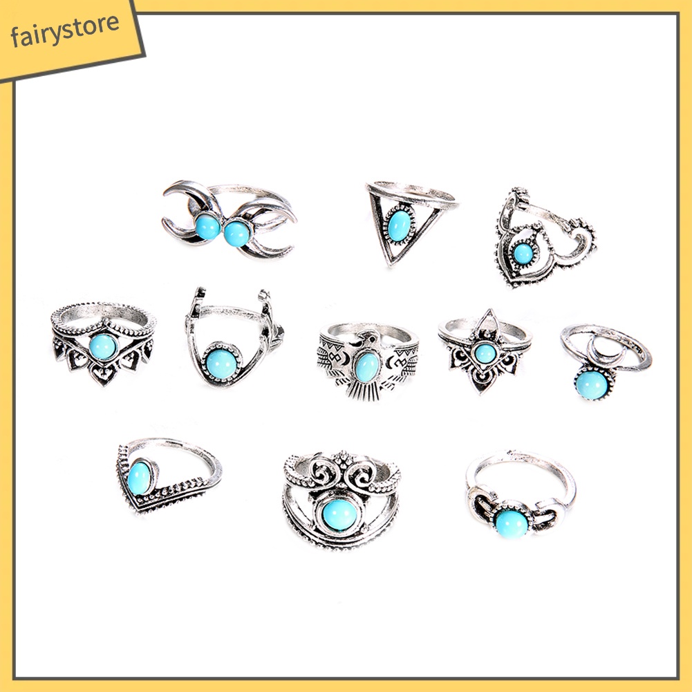 Set 11 nhẫn đính đá ngọc lam giả phong cách boho cổ điển cho nữ