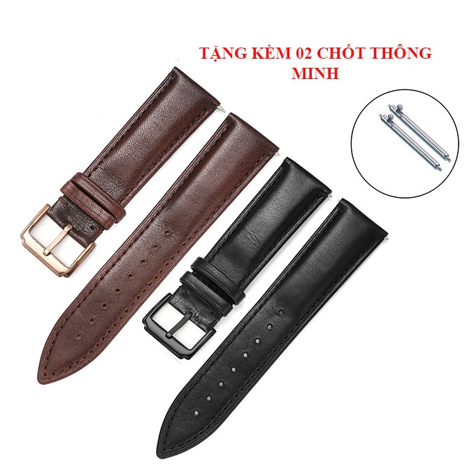 Đen/ Nâu [TẶNG CHỐT THÔNG MINH] Dây đồng hồ da bò 2 mặt lớp da bò đầu tiên chống thấm nước BO-25 size 18 19 20 21 22mm