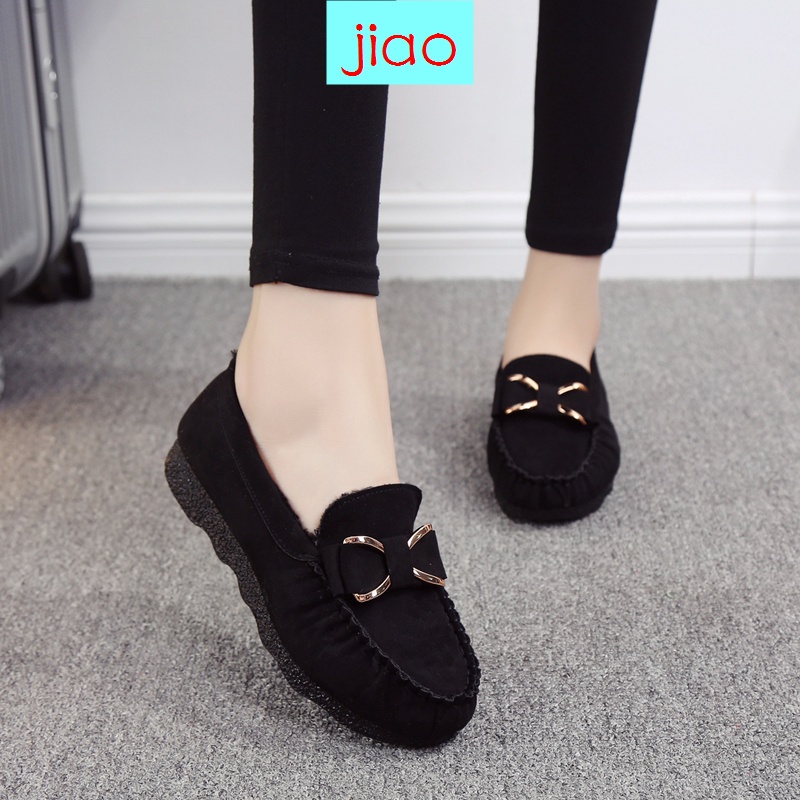 Giày lười đế bằng lót nhung cotton dày dặn giữ ấm thời trang thu đông cho nữ