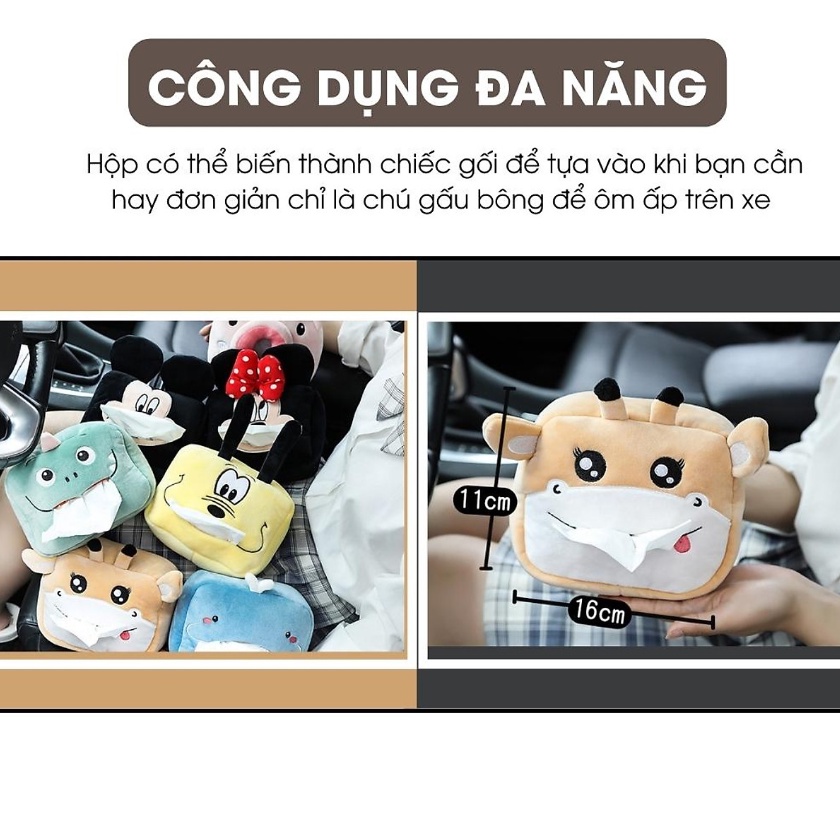 Hộp Đựng KHĂN GIẤY trên ô tô hình thú dễ thương - có quai cài chắc chắn tiện dụng