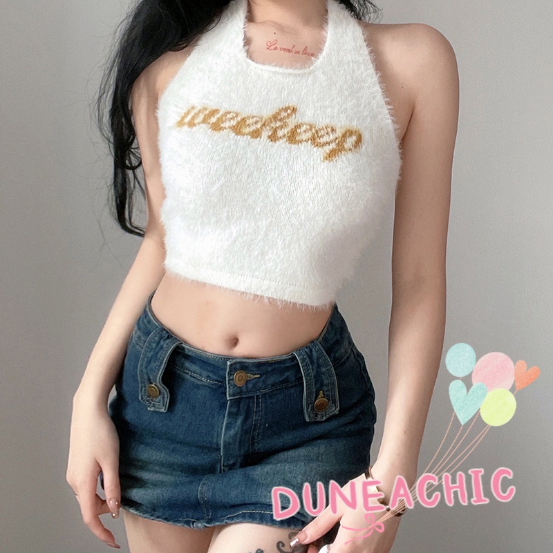 DUNEA Áo Tank Top Dệt Kim In Chữ Kiểu Vintage Cá Tính Cho Nữ