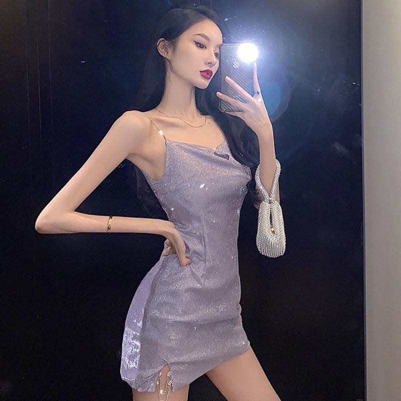 ❤️Quan Công❤️Thời Gian Giới Hạn Đầm Khiêu Vũ Ôm Dáng Hai Dây Đính Kim Sa Lấp Lánh Cao Cấp Vừa Vặn Mùa Đông Màu Tím Cá Tính Kiểu Desire Ngọt Ngào Cho Nữ