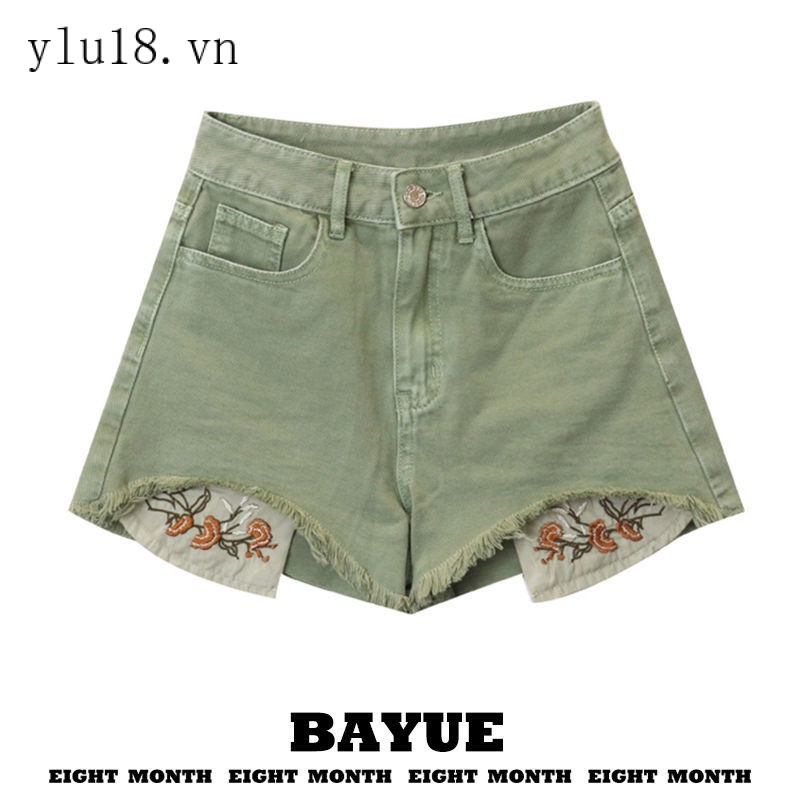 Quần Short Denim Mỏng Lưng Cao Mùa Hè Màu Xanh Lá Phong Cách Cổ Điển Có Túi Eo Cao Phong Cách Mới Cho Nữ