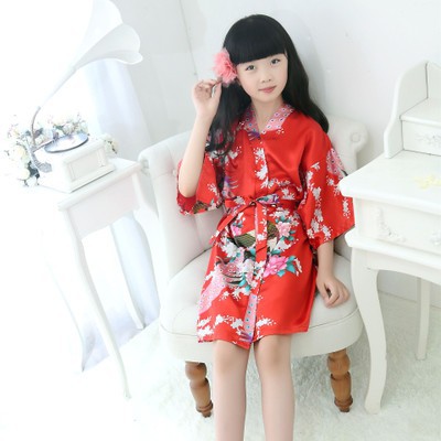 Áo Choàng Ngủ Kimono In Hình Chim Công Cho Bé