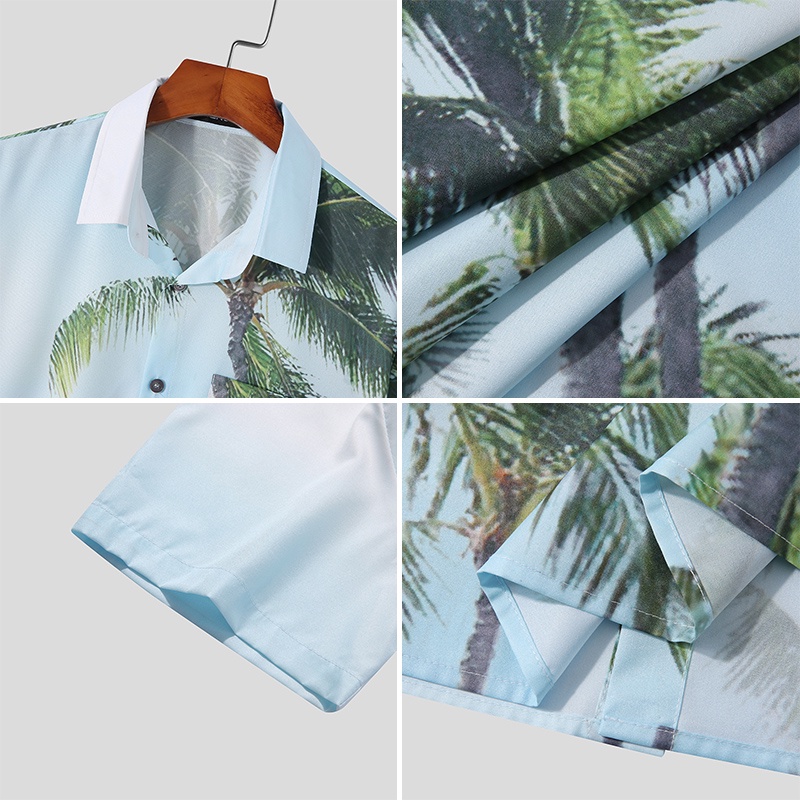 INCERUN Áo Sơ Mi Tay Ngắn Có Cổ In Họa Tiết Thời Trang Đi Biển Cho Nam