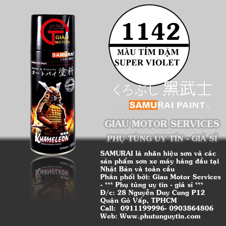 1142 _ Chai sơn xịt sơn xe máy Samurai 1142 màu tím đậm _SUPER VIOLET, màu siêu bền đẹp, giá rẻ, shop uy tín