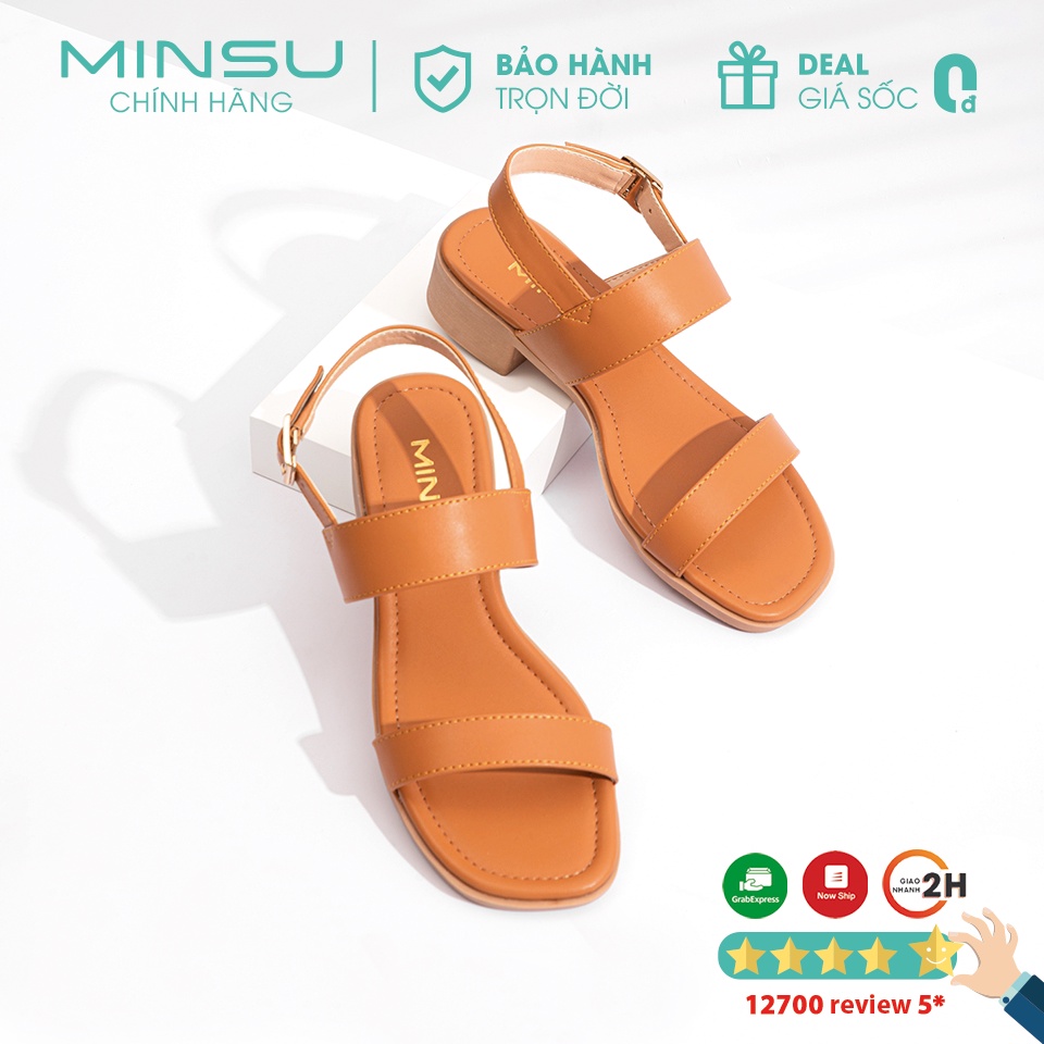 Dép Sandal Nữ Basic Quai Ngang Gót Cao 3cm MINSU M9003 Style Giày Hàn Quốc Đơn Giản Mũi Vuông Đi Học, Chơi Cực Đẹp