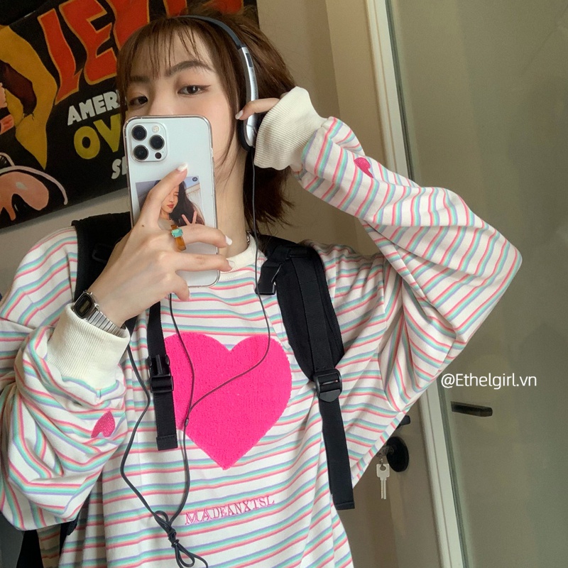 Áo Thun Tay Dài Cổ Tròn Kẻ Sọc Thêu Họa Tiết Thời Trang Hàn Quốc 2 Màu Tùy Chọn Cho Nữ | BigBuy360 - bigbuy360.vn