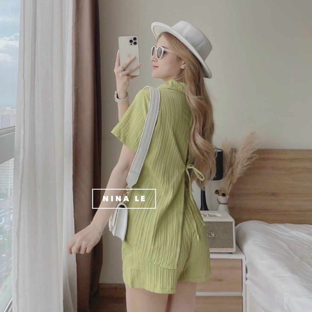 Set áo sơ mi nơ lưng và quần ngắn xinh xắn