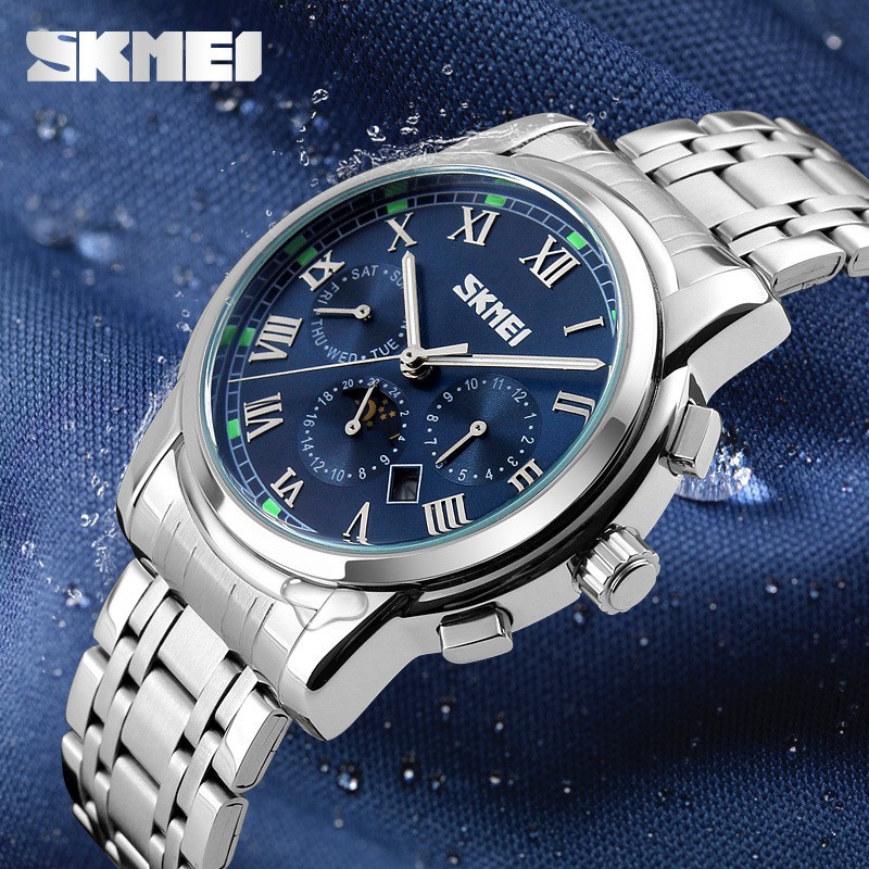 Đồng hồ thời trang nam cao cấp SKMEI 9121 (dây khớp thép không rỉ, chạy kim, chống nước 3ATM)