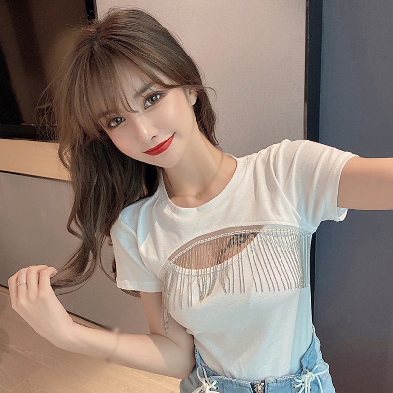 Áo Thun Tay Ngắn Dáng Ôm Phối Tua Rua Trọng Lượng Nhẹ Thời Trang Cho Nữ