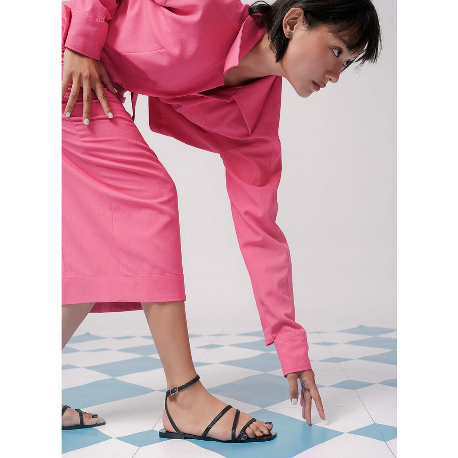 Vascara Giày Sandal Ankle Đế Bệt Mũi Vuông Vân Da Kỳ Đà - SDK 0317 - Màu Đen