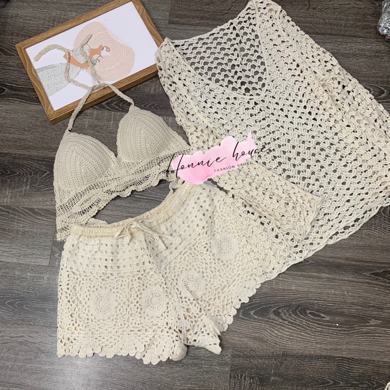 Ren 18-set bikini ren đi biển - set 3 món - bra gấu sóng + quần ren sọc hoa to + choàng tim chui đầu