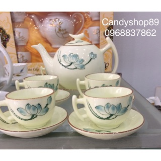 Bộ ấm chén men kem hoa sen - Bộ Trà Cao cấp Bát Tràng