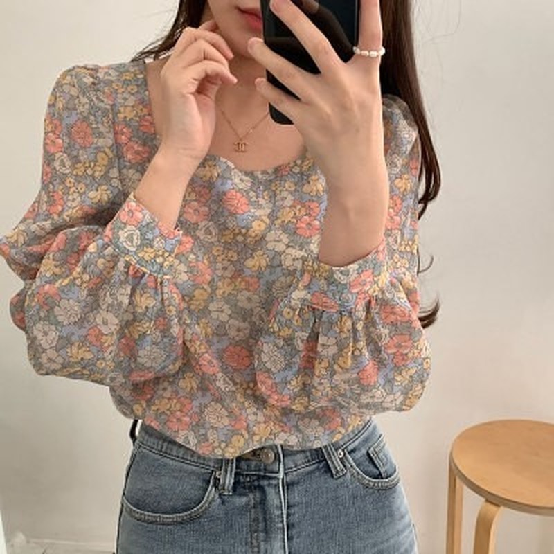 Áo Sơ Mi chiffon Tay Dài Dáng Rộng Họa Tiết Hoa Xinh Xắn Dễ Phối Đồ