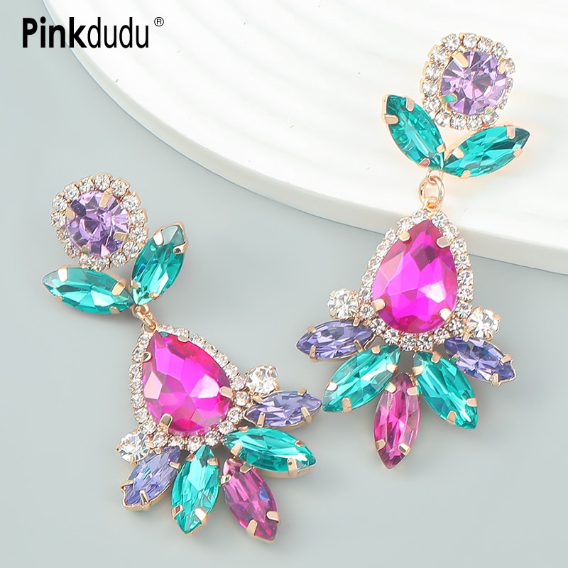 Khuyên tai Pinkdudu PD867 hợp kim dáng dài mặt kính đính đá nhiều màu sắc đơn giản thời trang cho nữ